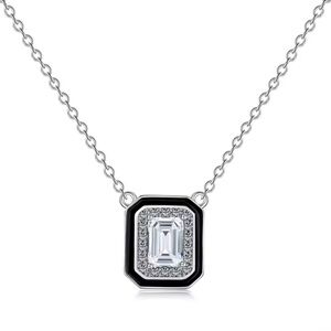 S925 Sterling Silver Black Enamel Cubic Zirconia Square Elegant Necklace Jewelry